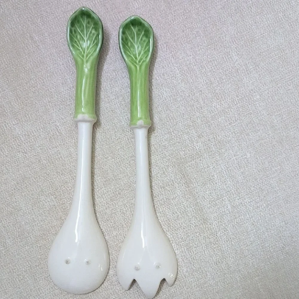 Green and White Ceramic Cabbage Handle Salad Servers